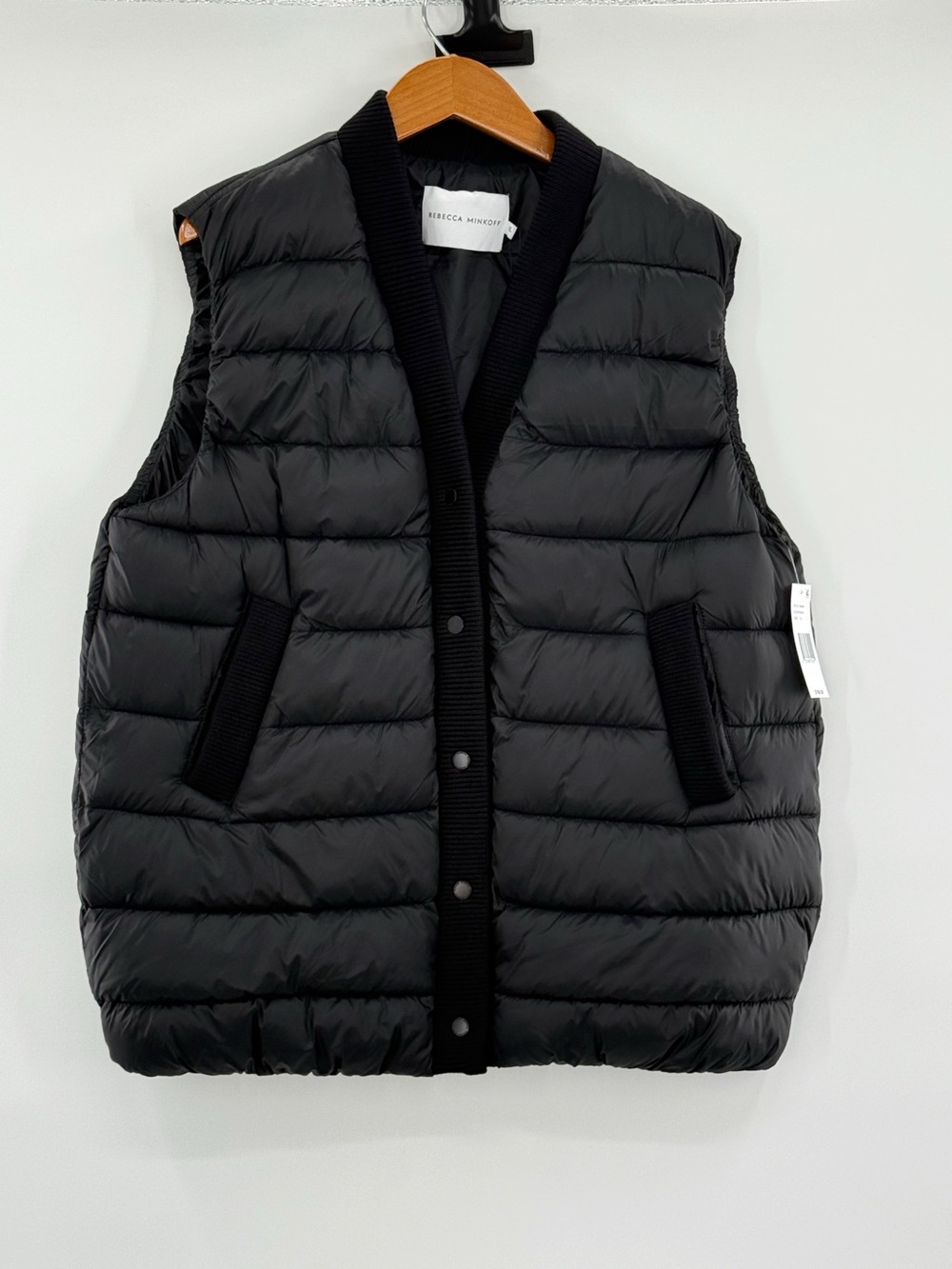 Rebecca Minkoff Quilted Twill Puffer Vest Black XL Snap Front Longline NWT